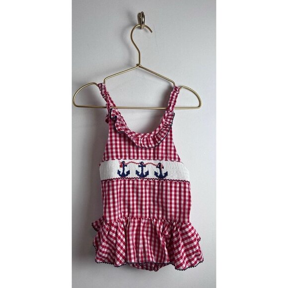 Silly Goose Romper One Piece w/Ruffles Nautical Smocked Red Gingham 4t - Picture 6 of 9